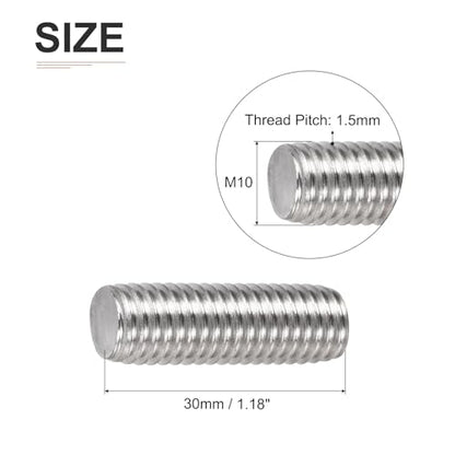 DTGN M10x1.5x30mm(DxPxL) Fully Threaded Rod - 5Pack - Good for Machinery - 304 Stainless Steel Right Hand Thread Rods Bar Studs - Silver - size: M10x1.5x30mm