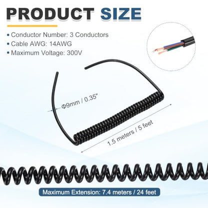 MECCANIXITY 5ft 14AWG Retractable Coiled Coil Cord, 300V 105℃ 3 Conductor - size: 5ft x14AWG, 3 Conductor