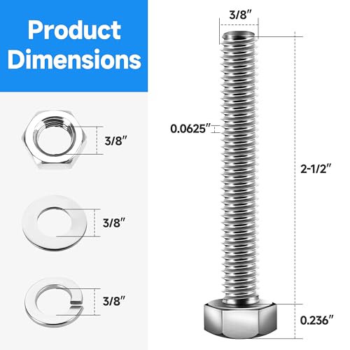 (6 Sets) 3/8 Bolt, 3/8-16 x 2-1/2" Hex Head Screws, Assorted Screws Nuts and Bolts with Flat & Lock Washers, Stainless Steel 3/8 Bolts and Nuts Set, Fully Threaded by Marysino - color: (Silver)-3/8, size: 2-1/2"