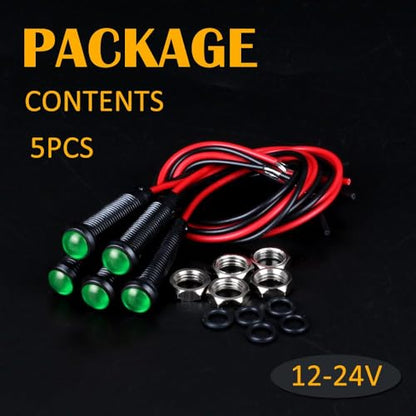5pcs 6mm LED Indicator Light Plastic Black Signal Dot Lamp 12V-24V 1/4" Mounting Hole Size with 15cm/5.9in. Wire (Green LED) - color: Green, size: 6mm 12-24V