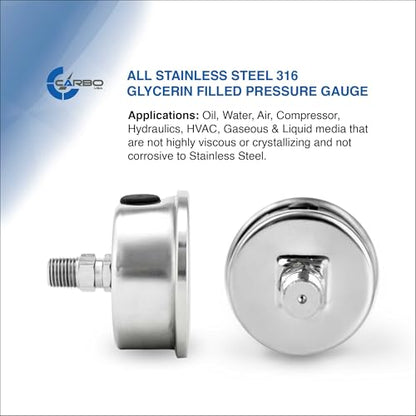 Carbo 400 PSI Liquid Filled Pressure Gauge with NIST Traceable Certificate, Calibrated in USA Lab, 2.5" Dial, 1/4 NPT Back Mount, ASME Grade A, 316 SS Case, 316 SS Wetted Parts, PSI/Bar - size: 0-400 PSI, style: NIST TRACEABLE