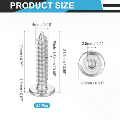 uxcell 25Pcs M4x20mm Flat Round Socket Head Screws,SS Self Tapping Screws - size: M4 x 20mm
