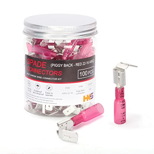 HKS 100PCS Piggyback Spade Connector Red 22-16 AWG - Heat Shrink Electrical Quick Disconnect Wire Connectors Kit - Tinned Red Copper - Automotive Marine Crimp Connectors - Waterproof and Insulated - color: Red 22-16AWG, size: Piggyback
