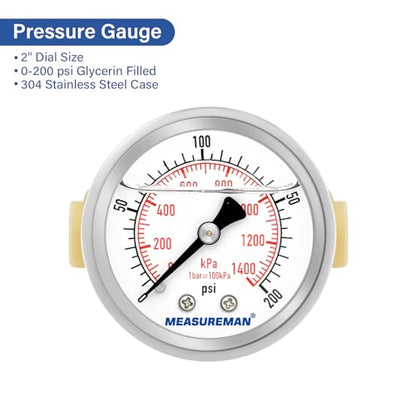 MEASUREMAN Push to Connect Pressure Gauge 0-200Psi Stainless Steel Vibration Proof, 2" Dial Size, with 1/2 Inch Push Fit Plumbing Tee - size: 1/2 Inch Push Fit Plumbing Tee