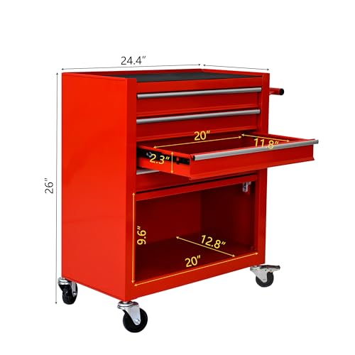 Red 4-Drawer Tool Cart w/Ball Bearing Drawers & Locking Casters - OSHA Industrial Rolling Cabinet, Powder-Coated Steel Garage Organizer w/Utility Tray - color: Red, size: 24.25 x 13 x 29.33