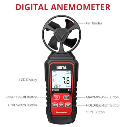 BINTA Handheld Digital Anemometer, Portable Wind Speed Meter with Backlight