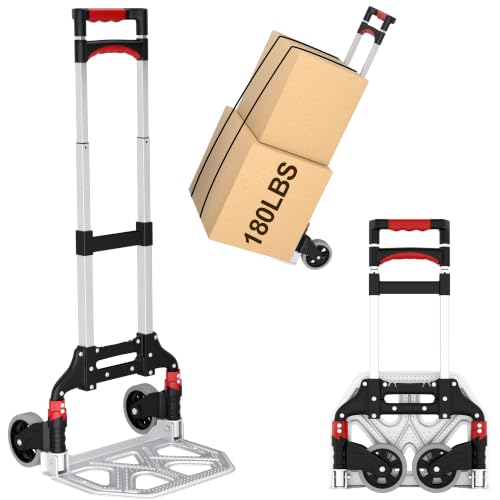 DIAMONDFORGE Folding Hand Truck, 180lbs Lightweight Foldable Dolly Cart with Wheels and Telescopic Handle, Portable Folding Dolly with Rubber Wheels for Moving Groceries, Home, Auto, Black Red - color: Black Red, size: 180 lbs