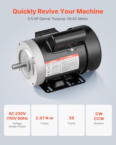 VEVOR 0.5 HP Electric Motor, 1725RPM Air Compressor Motor, CW/CCW Rotation, 5/8 inch Shaft Diameter, 1.88inch Shaft Length, 2.07N.m Torque, Single-Phase, TEFC Cooling, 115V/230V, 56 Frame - size: 0.5 HP Single Phase-1.88 in Shaft Length