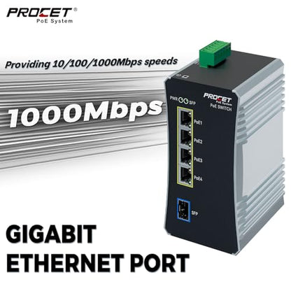PROCET Gigabit PoE Switch 4-Port Din Rail, 90W/Port, Industrial PoE++ Fiber Media Converter with Wide Temp -40°F to 149°F, SFP Slot, AC/DC Input, IEEE802.3af/802.3at/802.3bt, PT-PIS4PB1S-AC