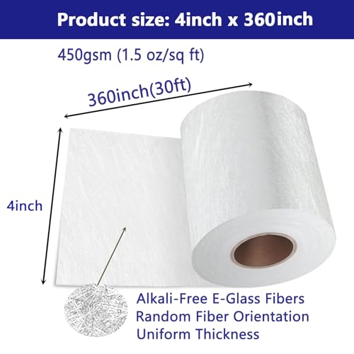 1.5oz Fiberglass Chopped Strand Mat – 4" x 360" Cloth Roll – 450gsm E-Glass Repair Cloth for Seams, Cracks, Auto Body Reinforcement | Polyester & Vinyl Ester Resin Compatible - size: 4" x 360"
