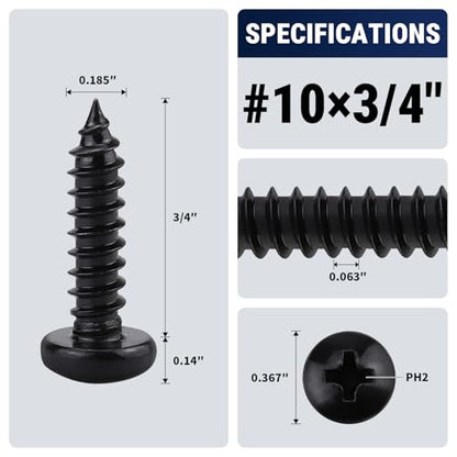 #10 x 3/4" (50 Pack) Stainless Steel Pan Head Self Tapping Screws, 304 SS (18-8) Black Coated, Phillips Drive Round Head Corrosion Resistant Screws for Wood & Sheet Metal - size: #10 x 3/4"