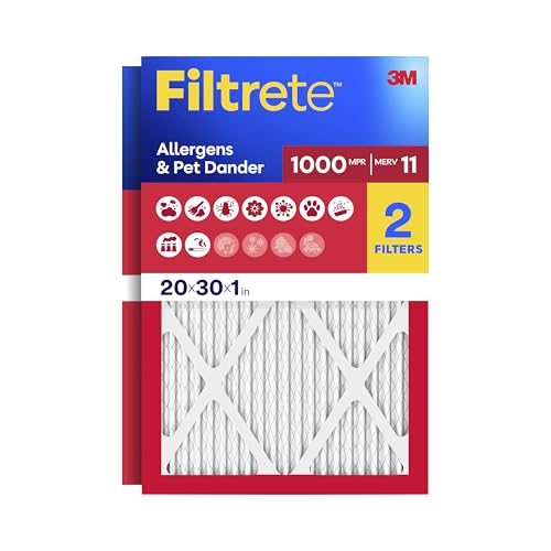 Filtrete 20x30x1 Air Filter, MERV 11, MPR 1000, Allergens & Pet Dander, 3-Month AC and Furnace Filters, Cleaner Air, Reliable Airflow, 2 HVAC Filters (Actual Size 19.68 x 29.68 x 0.81 in) - size: 20x30x1