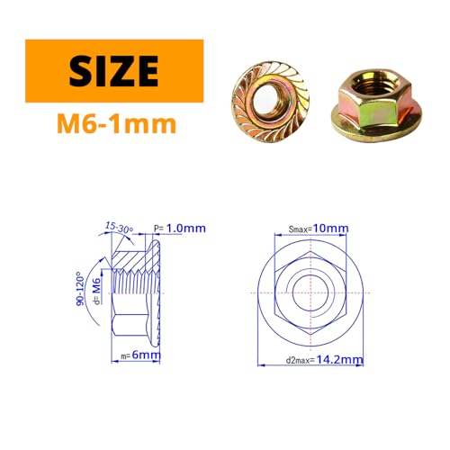 M6-1.0mm Anti-Loosening Serrated Hex Flange Lock Nuts (Yellow Zinc Plated, Full Thread) - 50 Pcs - size: M6-1(50PCS)