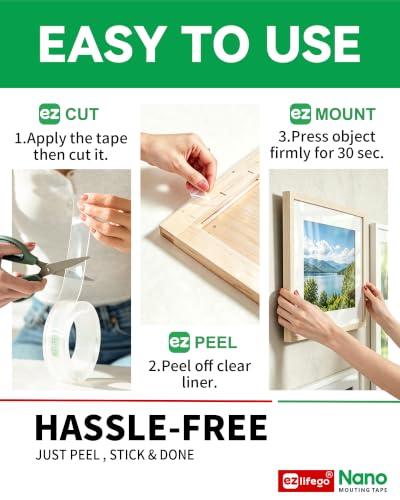 EZlifego Heavy Duty Invisible Bond Nano Double Sided Mounting Tape, 9.85FT - size: 9.85 Feet
