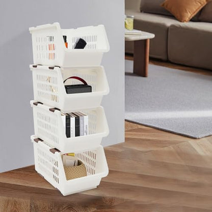 4 Pcs Open Front Stackable Storage Bins, PP Stacking Organizer Baskets with Rolling Wheels, Telescopic Buckles, Nestable, 38.58lbs Load (White) - color: White