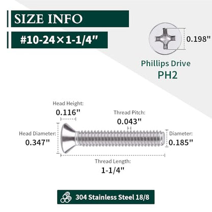 #10-24 x 1-1/4" Flat Countersunk Head Machine Screws, Phillips Drive, 304 Stainless Steel 18-8, Full Thread, Coarse Thread UNC, 50 PCS - size: #10-24 x 1-1/4"