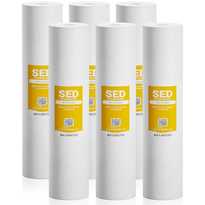 Max Water 5 Micron 20 x 4.5 Sediment Filter 20 inch Whole House BB Water Filteration System Replacement Compatible Cartridge DGD-5005-20, FP25B, AP810-6, FPMB5-20, P5-20, 155358-43, 6 Pack - size: 6 Count, style: 5 Micron