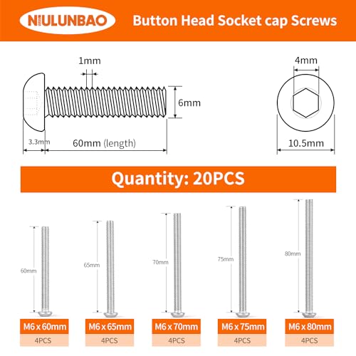 M6 x 60mm 65mm 70mm 75mm 80mm Button Head Socket Cap Screws Bolts 304 Stainless Steel Metric Allen Hex Drive, Machine Fully Threaded, Assortment Kit 20PCS - size: M6 x 60/65/70/75/80mm (20PCS)