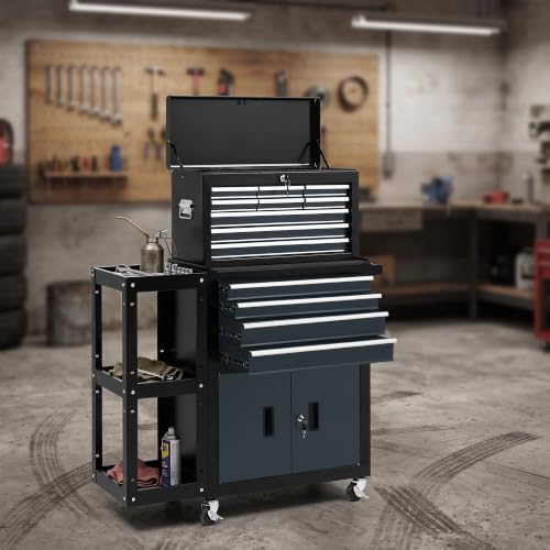 13‑Drawer Rolling Tool Chest with Double Door & Side Storage Shelf, 2‑in‑1 Detachable Lockable Metal Tool Cabinet with Wheels, Large Capacity Tool Box for Garage, Gift for Men Dad Husband-Black&Gray - color: Black&gray