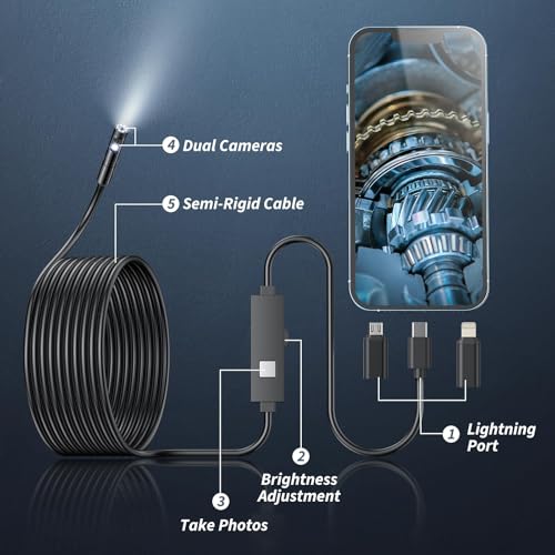 Endoscope Camera with Light,1920P HD Borescope Tools with 8 Adjustable LED Lights, Endoscope with Semi-Rigid Snake Camera, IP67 Waterproof Inspection Borescope for iOS and Android-16.4ft Dual-Lens - size: 16.4ft