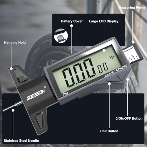 GODESON Digital Tire Tread Depth Gauge - IP54 Waterproof, 2.5" LCD Screen, 3 Modes (Fraction/Inch/MM), 1" Range, Auto-Off, Tire Wear Measure Gauge Tool 32nds for Car, Truck & SUV Tires - style: IP54 IN/MM/FRAC - Grey