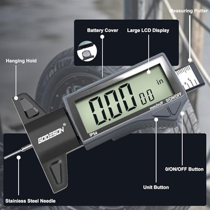 GODESON Digital Tire Tread Depth Gauge - IP54 Waterproof, 2.5" LCD Screen, 3 Modes (Fraction/Inch/MM), 1" Range, Auto-Off, Tire Wear Measure Gauge Tool 32nds for Car, Truck & SUV Tires - style: IP54 IN/MM/FRAC - Grey