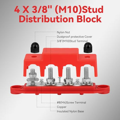 Heart Horse Bus Bar 12V-48V 250A Power Distribution Block 4 x 3/8"(M10) Heavy Duty Studs Terminal Marine 12V Battery Bus Bar Junction Block for Automotive,Car,RV,Boat,Solar Wiring (Red+Black) - size: 3/8''