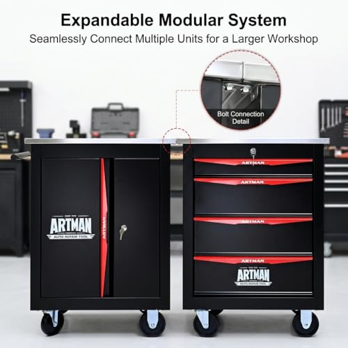 Rolling Tool Chest,Stainless Steel Worktop,Black&Red,2‑Drawer - color: Black, size: 2-Drawers