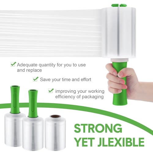 Jutom 16 Pcs Mini Stretch Film Industrial Shrink Wrap Roll Plastic Film for Moving 2 Handles 5" x 1000 ft Pallet Wrap Packaging Self Adhering Shipping for Moving Furniture Packing (Clear,Green) - color: Clear, Green