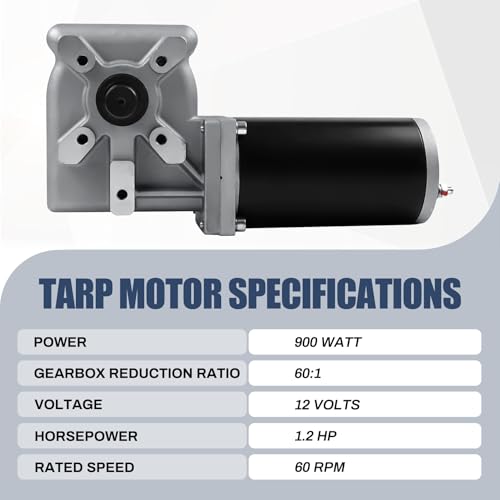 900W 60:1 1.2HP Electric Tarp Motor for Dump Trucks up to 28' Length, Universal Tipper Truck Canopy Motor for Dump Truck Tarp System with Chrome Housing Cover- 12V DC, 60RPM(+/-6RPM)- 5 Years Warranty - size: 900w 60:1