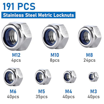 191 Pack 304 A2-70 Metric Nylon Lock Nuts - color: Silver, size: Metric