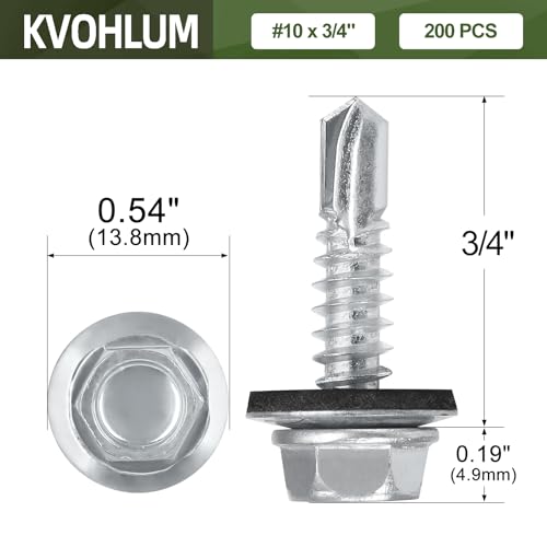 #10 x 3/4" (200 PCS) Metal Roofing Screws with Rubber Washer, Hex Head Self Tapping Screws for Metal, Self Drilling Sheet Metal Screw, Hex Bit Socket Included - size: #10 x 3/4"