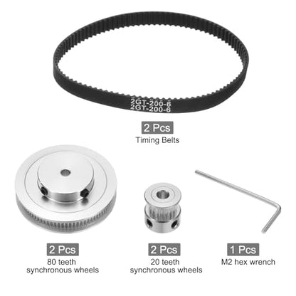 uxcell 2 Set GT-2 Synchronous Wheel 20&80 Teeth 5mm Bore, Aluminum Alloy Timing Pulley Wheel with 2Pcs Length 200mm, Width 6mm Belt for 3D Printer, CNC Machine (20-80T-5B-6)