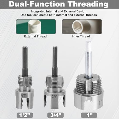 3pcs Pipe Threading Tool, Dual-Function Integrated Internal & External Pipe Thread Cutter for 1/2, 3/4, & 1 Inch PVC/Plastic Tube with Raw Material Belt for Electric Drills - style: Style 3
