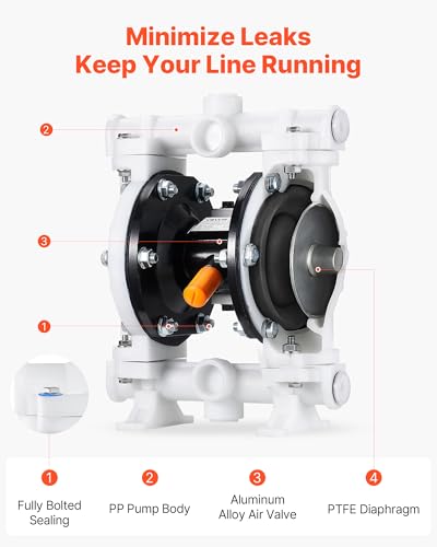 VEVOR Air Operated Double Diaphragm Pump, 4.4 GPM, 1-1/2 inch Inlet & Outlet Pneumatic Waste Oil Transfer Pump, Max 100 PSI, Polypropylene Body, Air-Operated for Diesel, Grease, Kerosene, Gasoline - style: 1-1/2 inch 4.4GPM Polypropylene