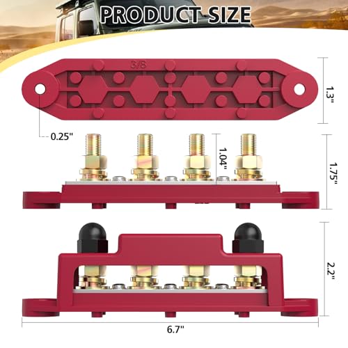 MOFEEZ Power Distribution Block Bus Bar, 4 x 3/8" Post Marine Bus Bar Battery Busbar Terminal Block with Cover, Lugs, Ring Terminals (Pair, Red & Black) - size: 4 x 3/8" with copper lug