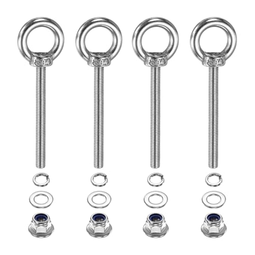 PATIKIL M5 x 50mm Shoulder Eye Bolt, 4 Pcs 304 Stainless Steel Lifting Ring Threaded Eye Bolt with Flange Lock Nuts Spring and Flat Washers for Hanging Tie Down Straps Outdoor Indoor - size: M5 x 50mm