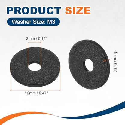 PATIKIL 125 Pcs Nylon Flat Washer M3 3mm ID 12mm OD 1mm THK Black - color: Black, size: 3mm x 12mm x 1mm
