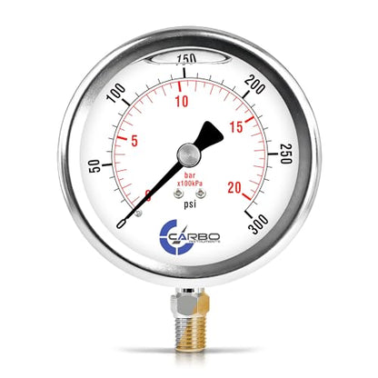 4" Pressure Gauge, Stainless Steel Case, Liquid Filled, 0-300 psi/kPa, Lower Mount 1/4" NPT - size: 0-300 Psi, style: STANDARD