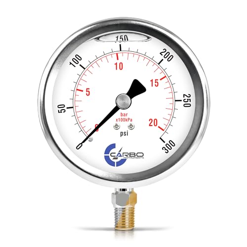 4" Pressure Gauge, Stainless Steel Case, Liquid Filled, 0-300 psi/kPa, Lower Mount 1/4" NPT - size: 0-300 Psi, style: STANDARD