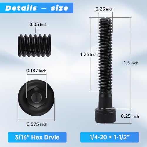 Glvaner 1/4"-20 x 1-1/2" (20 pcs) Socket Head Cap Screws, 12.9 Grade Alloy Steel, Black Oxide Finish, Partial Thread UNC, Allen Hex Drive - size: 1/4-20 x 1-1/2"