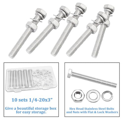 10 Sets1/4-20 × 3" Stainless Steel Hex Head Screws Bolts, Nuts, Flat & Lock Washers,18-8(304) Full Thread - color: Silver-hex, size: 1/4-20×3"(10 sets)