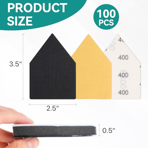 Supkiir 100 Pcs 80/120/180/220/400 Grit Triangle Sanding Sheets and 2 Sanding Interface Pads Compatible with Milwaukee M12 Sander, Heavy-Duty Hook & Loop Sanding Paper for Wood Finishing Detail Sander