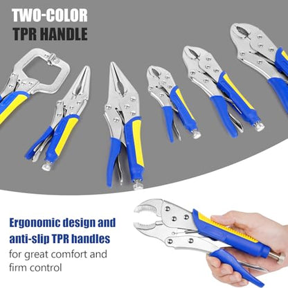 Locking Pliers Set,5"/7"/10" Curved Jaw Vise Grip,6-1/2"and 9-1/2" Needle Nose Vice Grips, 6" C-Clamp for Woodworking, Metal Working and Welding
