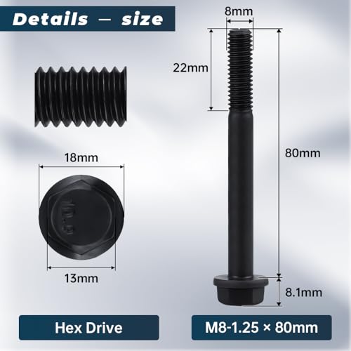 Glvaner M8-1.25 x 80mm (8 pcs) Alloy Steel Flanged Washer Head Hex Bolts, Extra-Large Washer Head, 10.9 Grade Black Oxide Finish GB5789 Partial Thread - size: M8-1.25 x 80mm