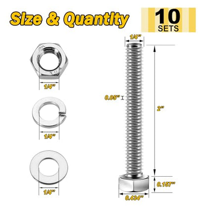 Mywish (10 Sets) 1/4-20x2 1/4-20 Bolt, Hex Head Assorted Screws Nuts and Bolts with Flat & Lock Washers, 304 Stainless Steel 18-8, Fully Threaded, 1/4 Metric Bolt Assortment - size: 1/4-20 x 2 (10 set)