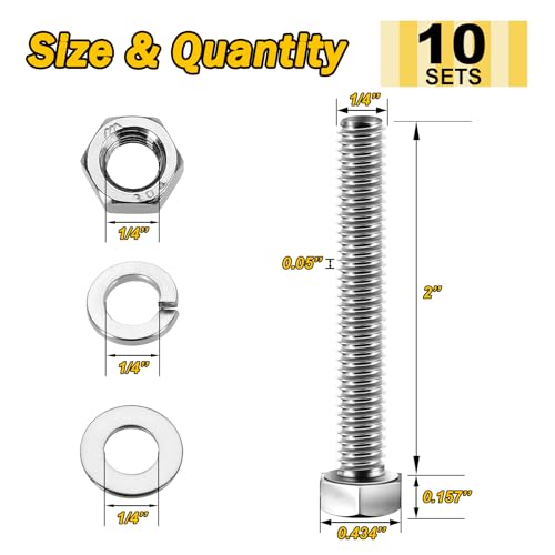 Mywish (10 Sets) 1/4-20x2 1/4-20 Bolt, Hex Head Assorted Screws Nuts and Bolts with Flat & Lock Washers, 304 Stainless Steel 18-8, Fully Threaded, 1/4 Metric Bolt Assortment - size: 1/4-20 x 2 (10 set)