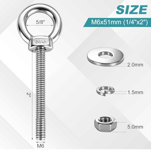 304 Stainless Steel Eye Bolt, M6x51mm (1/4"x2") Heavy Duty Eye Bolts with Nuts Washers, 2 Pack Lifting Ring Eye Bolt for Hanging String Lights Outdoor Tie Down - size: M6x51mm(1/4"x2")