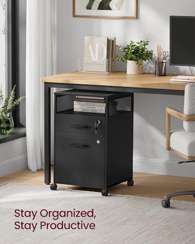 VASAGLE 2 Drawer File Cabinet with Lock, Rolling Printer Stand - color: Ink Black, size: with Lock and Fences