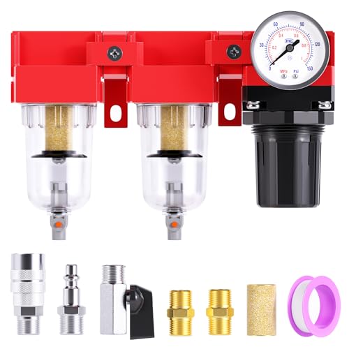 TAILONZ PNEUMATIC 1/4 Inch NPT 150PSI 3 in 1 Air Filter Pressure Regulator Combo Piggyback, Air Tool Compressor Filter, 5 Micron Filter Element(Manual Drainage) - size: 1/4 Inch NPT